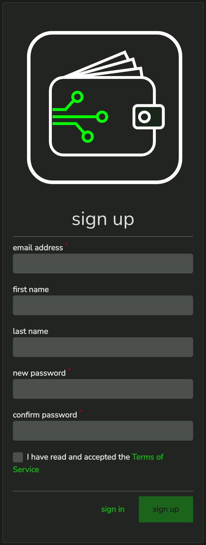 signup screen